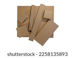 Small photo of Many size brown shockproof cardboard protect for protection the product from jolt, breakage and damage isolated on white background with clipping path. Top view.