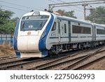 Small photo of Pune, India - March 12 2023: The Solapur Mumbai Vande Bharat Express Train heading towards Mumbai, shot at Hadapsar near Pune India.