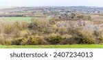 Small photo of A panorama view from Croft Hill towards Thurlaston and Huncote Naturel reserve in Leicestershire, UK on a bright sunny day