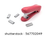 Stack of metal staples and pink stapler isolated on white background. The simple stationary concept.  