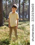 A Boy Walking In Pine Forest.