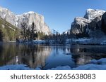 Yosemite valley view in winter with sweeping views of El Capitan peak and the valley, shot in Yosemite, California, USA.