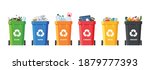 Many garbage cans with sorted garbage. Sorting garbage. Ecology and recycle concept. Trash cans isolated on white background. vector flat illustrations.
