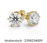 Yellow Gold Diamond Stud Earrings. Front and Side View of Solitaire Diamond Earrings Isolated on a White Background. 