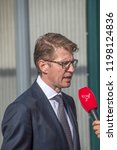 Small photo of Minister Sander Dekker Interviewed By Broadcaster Flevoland At Almere The Netherlands 2018. Opening after moving from Utrecht To Almere City The Netherlands