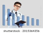 Small photo of The doctor looks at the descending chart. The concept of reducing morbidity, vaccination and mortality. A man in a doctor's suit on a white background.
