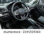Small photo of Novosibirsk, Russia - February 08, 2022: Subaru Forester , steering wheel, shift lever and dashboard, climate control, speedometer, display.