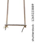Small photo of A wooden seat suspended by ropes for sit and swing back and forth,wooden swing isolated on white background.