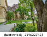 Small photo of LVIV, UKRAINE - August 23, 2021: A view from the Danylo Halytsky Lviv National Medical University, founded in 1784, showing part of the greenery.