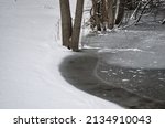Snow At Edge Of Pond With Trees
