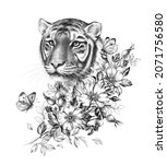 hand drawn monochrome tiger... | Shutterstock . vector #2071756580