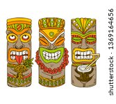 Set Of Wooden Tiki Idols. Color....
