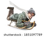 Smiling Man Riding A Sled  ...