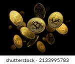Gold coin Bitcoin levitates on a black background