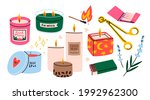 Various Candles. Different shapes and sizes. Pillar, jar candle, square, container candle, multi wick. Decorative wax candles for relax and spa. Matches, candle snuffer. Hand drawn Vector set