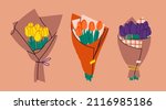 three bouquets of tulips.... | Shutterstock .eps vector #2116985186