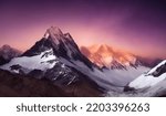 Sunset View of the Himalayas Near the Himalayan Mountain Mt Everest - Purple sky with snow covered cliffs and colorful lighting of the valley and mountain range