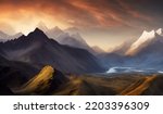 Small photo of Sunset View of the Himalayas Near the Himalayan Mountain Mt Everest - Dramatic mountains and peaks with high altitude lake and river