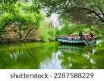 Small photo of Tainan City, Taiwan - March 30, 2010: A group of tourists take a boat tour at the idyllic River Green Tunnel Wetland Reserve
