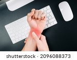 Small photo of Carpal tunnel syndrome. Hand pain in man injury wrist. Arthritis office syndrome is consequence of computer. Health care and medical concept