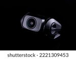 Car CCTV dash camera for safety on the road to record accidents. Front and rear lenses on black background