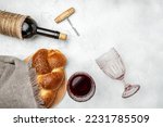 Small photo of Challah bread, shabbat wine, Traditional Jewish Shabbat ritual. Shabbat or Shabath concept. Long banner format. top view