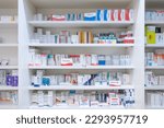 Small photo of Sisli, Istanbul, Turkey - 10 Jan, 2023 : Pharmacy interior background with store drugs shelves. Background of pharmacy. Drug medical shop drugstore medication
