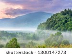 Dramatic Sunrise in the Mountains with Thick Misty Evergreen Forest on a Summer Morning, Ivanovskiy Khrebet Ridge, Altai Mountains, Kazakhstan.  Fantasyland Concept.