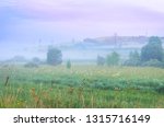 Misty Summer Sunrise in the Mountains: Tall Grass, Thick Fog, Trees, Power Line Towers and Dramatic Purple Clouds. Green Energy, New Day, Blue Hour, Fantasyland Concept. Altai Mountains, Kazakhstan.