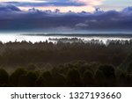 Dramatic Morning Twilight Sky and Misty Forest Landscape at Altai Mountains, Kazakhstan. Fantasyland, Blue Hour Concept