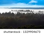 Dramatic Early Morning Mist over Forest Valley at Altai Mountains, Kazakhstan. Fantasyland, Blue Hour Concept