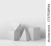 Small photo of Platonic solids figures geometry. Abstract white color geometrical figures still life composition. Three-dimensional prism pyramid rectangular cube objects on gray background