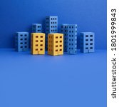 Small photo of Miniature city with blue yellow paper houses on blue background. Abstract urban architecture landscape, simplified town layout with high-rise buildings, skyscrapers with many windows. copy space.