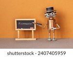 Small photo of Math lesson. Professor robot explains Pi mathematical constant irrational number 3.1415926535. Toy robotic teacher with pencil pointer. College classroom interior black chalkboard