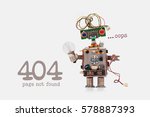 Oops 404 error page not found. Futuristic robot concept with electrical wire hairstyle. Circuits socket chip toy mechanism, funny head, colored eyes, light bulb in hand. beige background.