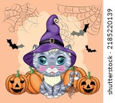 Cartoon Cat In Purple Witch Hat ...