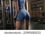 Small photo of Fitness woman with nice batt working out in gym doing exercise for biceps and back. Athletic girl doing pulldown