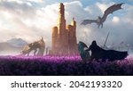 Epic battle between two big dragons and a knight hero elf in a purple flowers field defending a tower castle in beautiful sunlight - concept art - 3D rendering