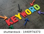 Keywords research for SEO, Search Engine Optimization, bidding on search result page to promote website online, multi color arrows pointing to the word Keyword at the center of black chalkboard wall.