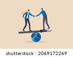 Diplomacy, world agreement or treaty between countries, global partnership, politics or world peace contract signing concept, businessman world leader handshake on fountain pen seesaw on world globe.