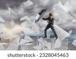 Small photo of Businessman cover himself from a bureaucracy storm with an umbrella