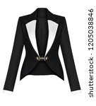 Small photo of Luxury women's classic evening jacket, black, with a turndown white satin collar, clipping, isolated on white background, ghost mannequin