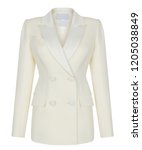 Small photo of Luxury women's classic evening jacket, white , with a turndown satin collar, clipping, isolated on white background, ghost mannequin