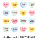 Vector set bundle of different color flat cartoon Valentine’s candy with love text isolated on white background