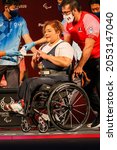 Small photo of Tokyo, Japan. 2021 August 28th. Para powerlifting Women's up to 61 Kg. Amalia Perez Vazquez, Mexico (MEX). Gold medalist.