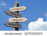 Small photo of Integrity, ethics, respect, honesty - wooden signpost with four arrows, sky with clouds
