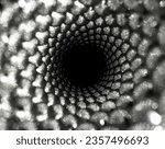 Small photo of an endless spiral of balls. recursion ends with a black hole. black and white