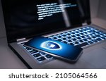 Small photo of Phone lock to protect from cyber scam, online data fraud or identity theft. Laptop with hacker virus code in screen. Phishing, cybersecurity danger or ransomware attack. Encrypted privacy in email.