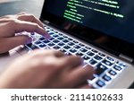Hacker code in laptop. Cyber security, privacy or hack threat. Coder or programmer writing virus software, malware, internet attack or developing digital design. Green web data in computer screen.