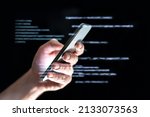 Data hacker or catfish using sms texting. Text message phone fraud or scam. Online chatbot or tech support forum. Secret darkweb conversation. Smartphone identity theft by scammer.